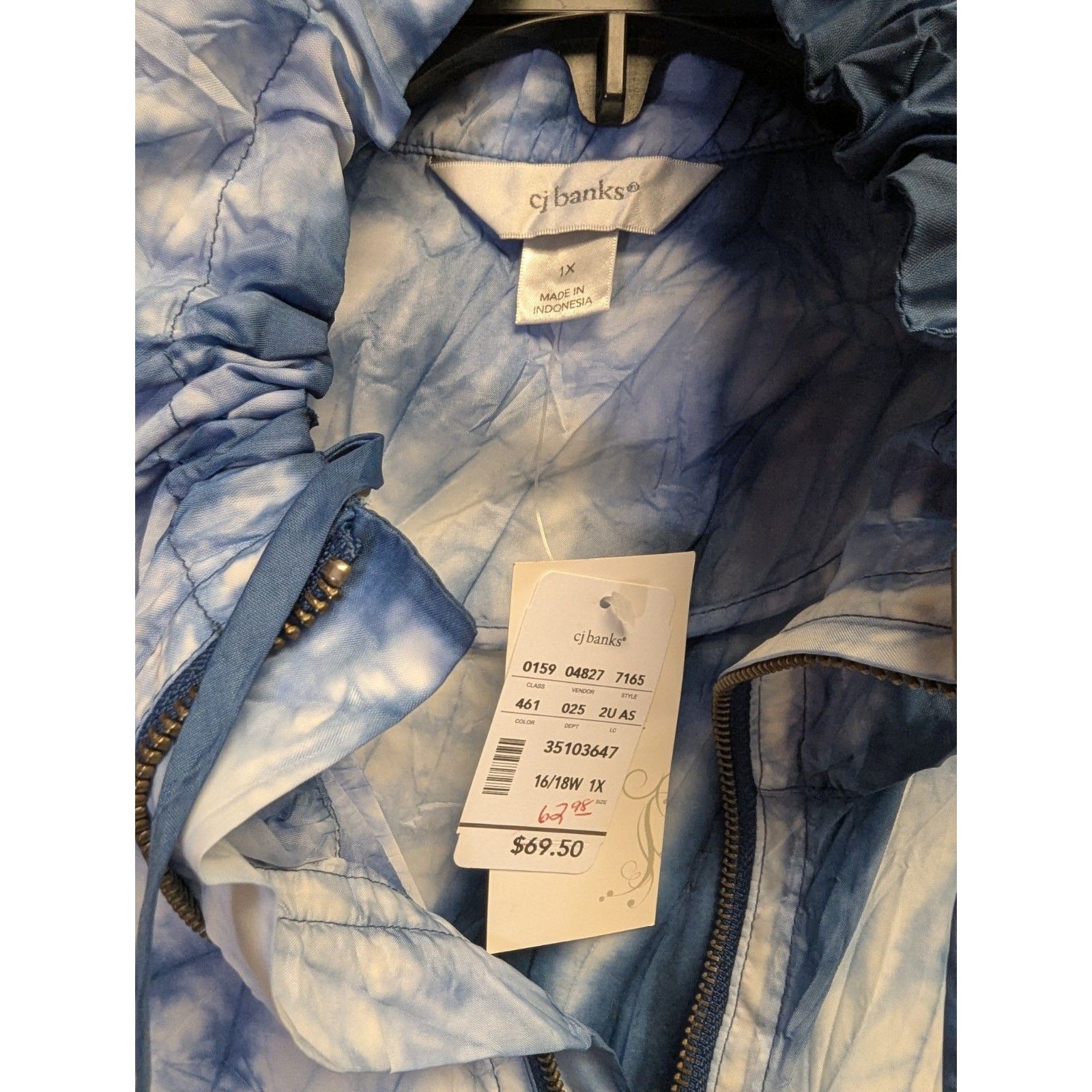 Cj Banks Women’s 1x 16/18w Blue White Tie Dye Hooded Jacket Nwt Full Zip — image 6 of 8